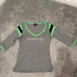 Bebe Womens 3/4 Long Sleeve Top in Gray and Green